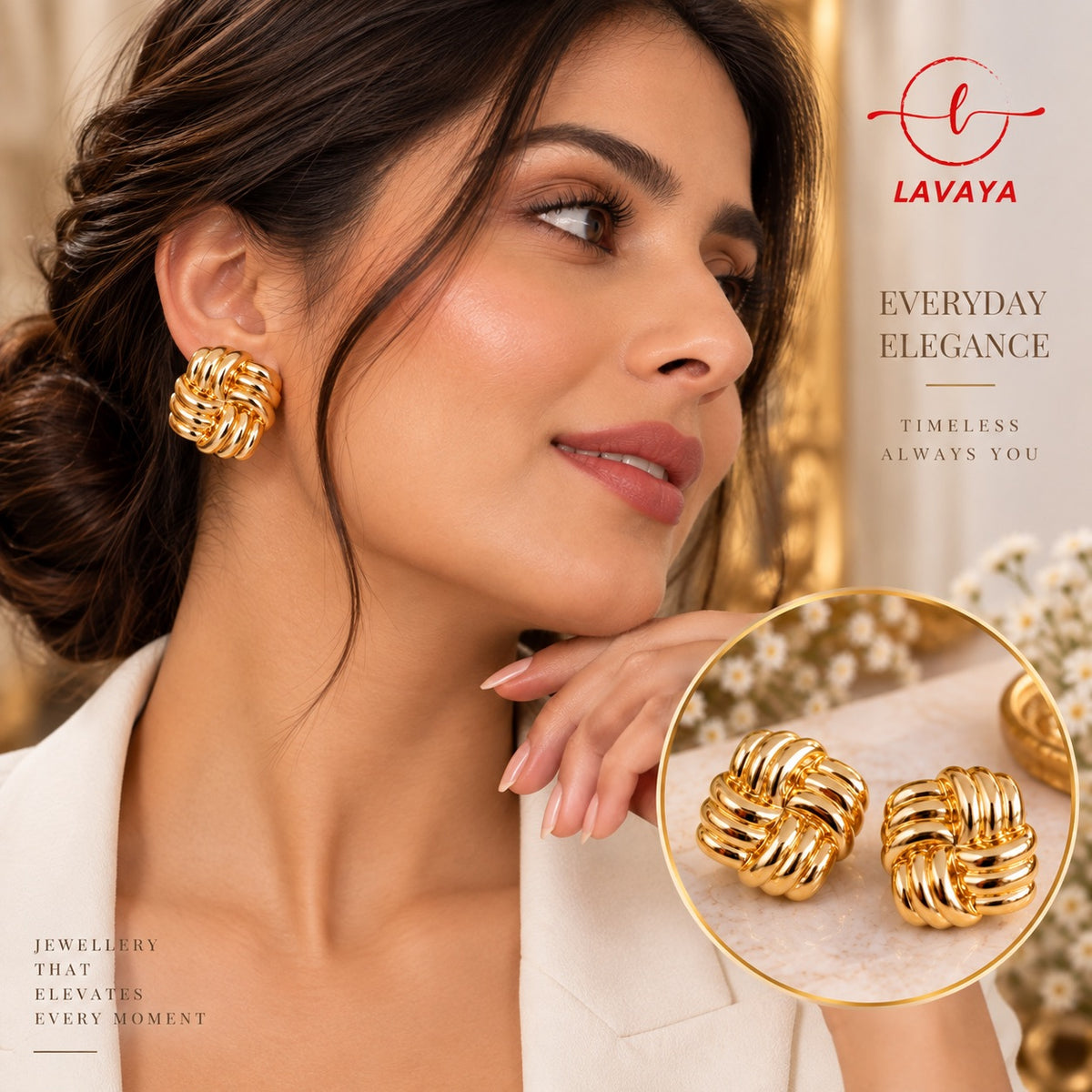 Lavaya Vintage Woven Love Knot Gold Statement Stud Earrings
