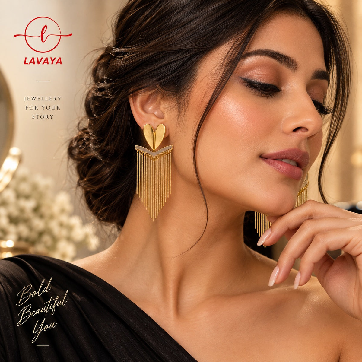 Lavaya Golden Heart Cascade Long Tassel Earrings for Women | Elegant Heart-Shaped Fringe Drop Statement Earrings