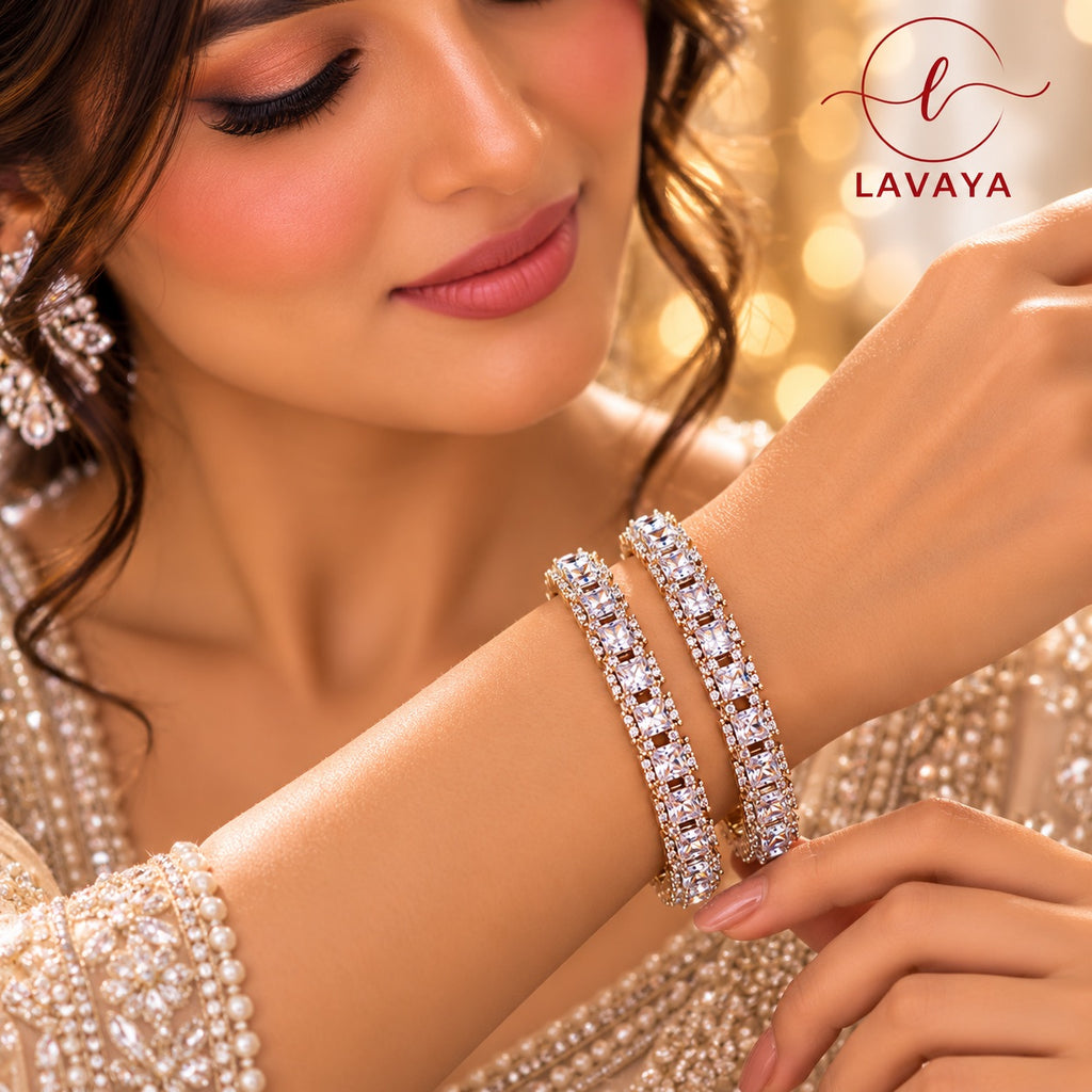 Lavaya Royal Silver-Tone Princess-Cut Crystal Kada Bangles – Luxury Diamond-Look White Stone Designer Bangles Set of 2