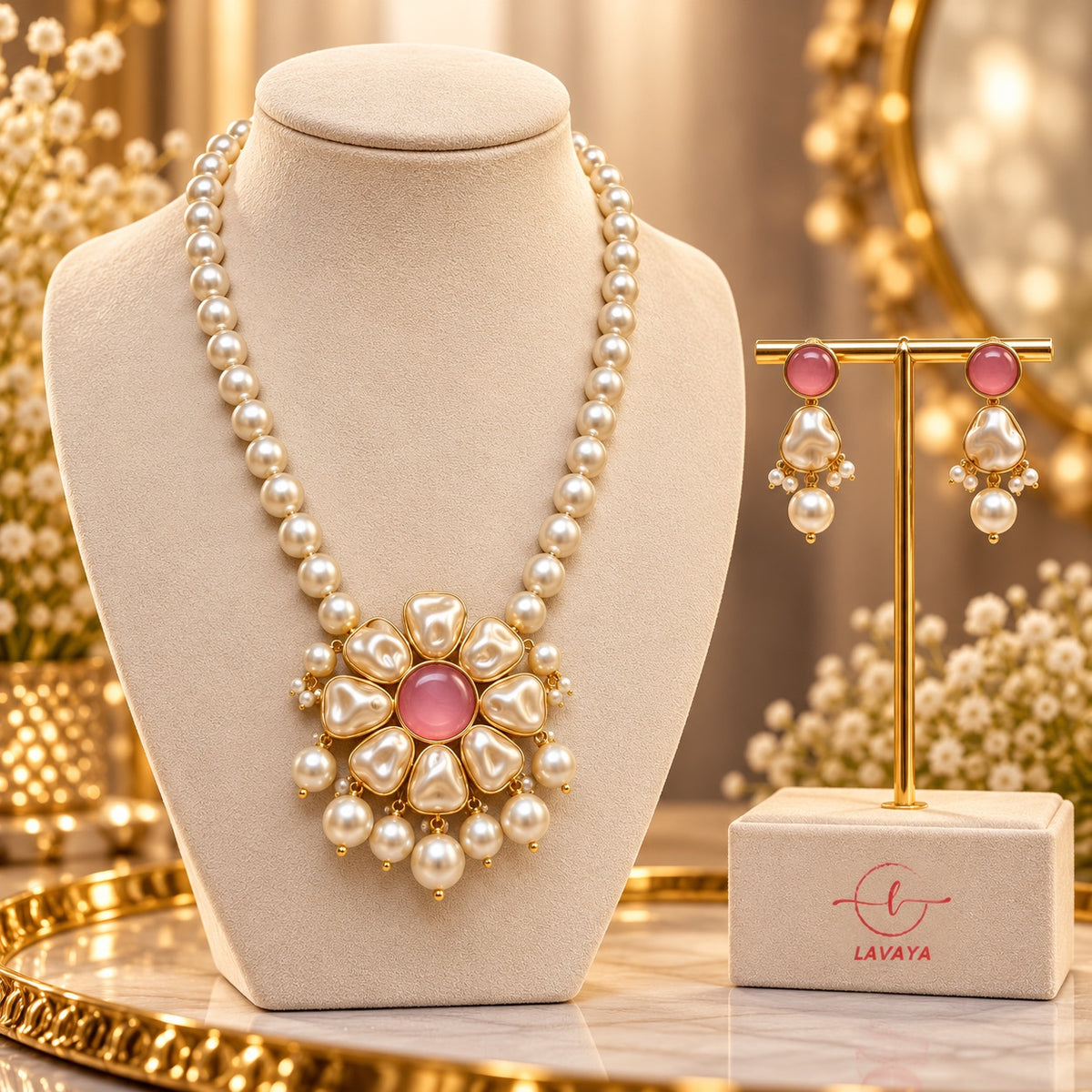 Lavaya Pearl & Pink Stone Gold-Plated Necklace and Earrings Set