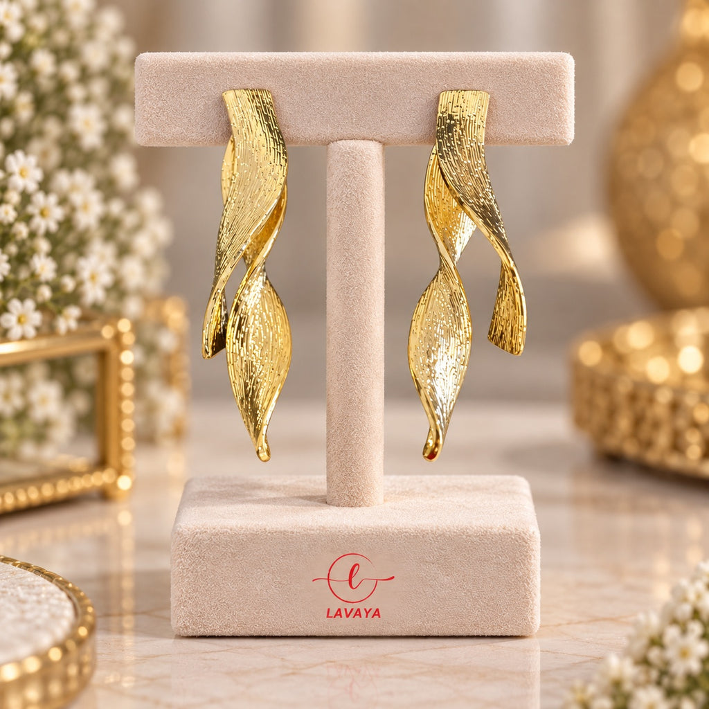 Lavaya Golden Elegance Sculpted Wave Earrings for Women | Textured Designer Statement Earrings | Premium Fashion Jewellery