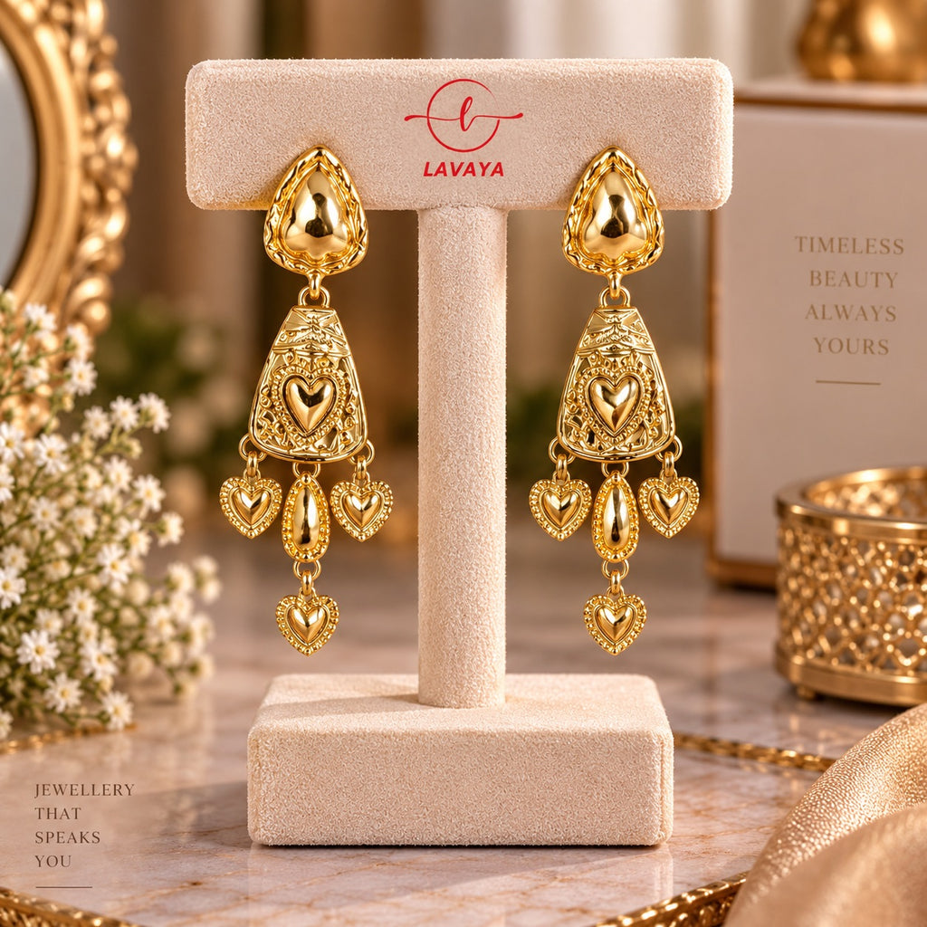 Traditional Intricate Filigree Jhumka Dangler Earrings with Cascading Heart Charms