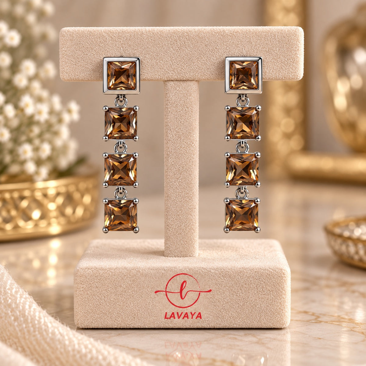 Lavaya Champagne Crystal Square 4-Tier Linear Drop Earrings