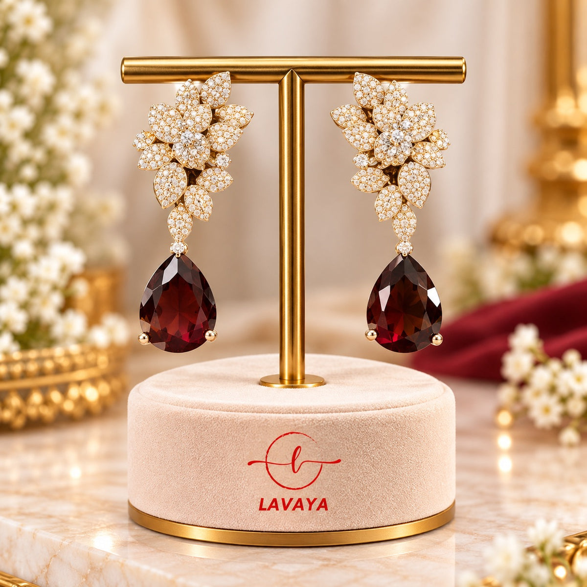 Lavaya Luxury Ruby Red Teardrop Earrings with Crystal Floral Design for Women – Premium Gold-Tone Designer Wedding & Party Wear Jewellery