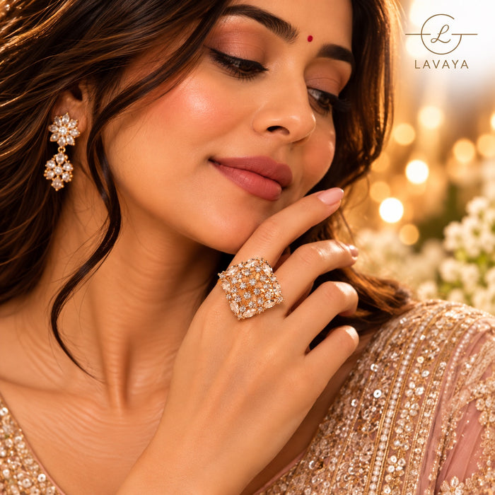 Lavaya Royal White Crystal Floral Cluster Statement Ring with Marquise-Cut Stones & Gold-Tone Finish