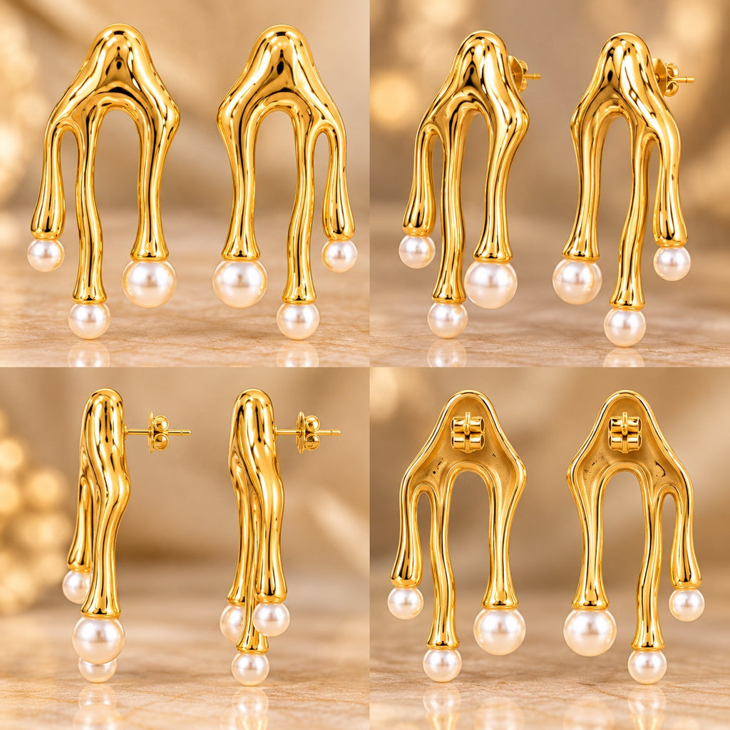 Lavaya Luxury Gold-Tone Pearl Embellished Abstract Drip Drop Earrings for Women
