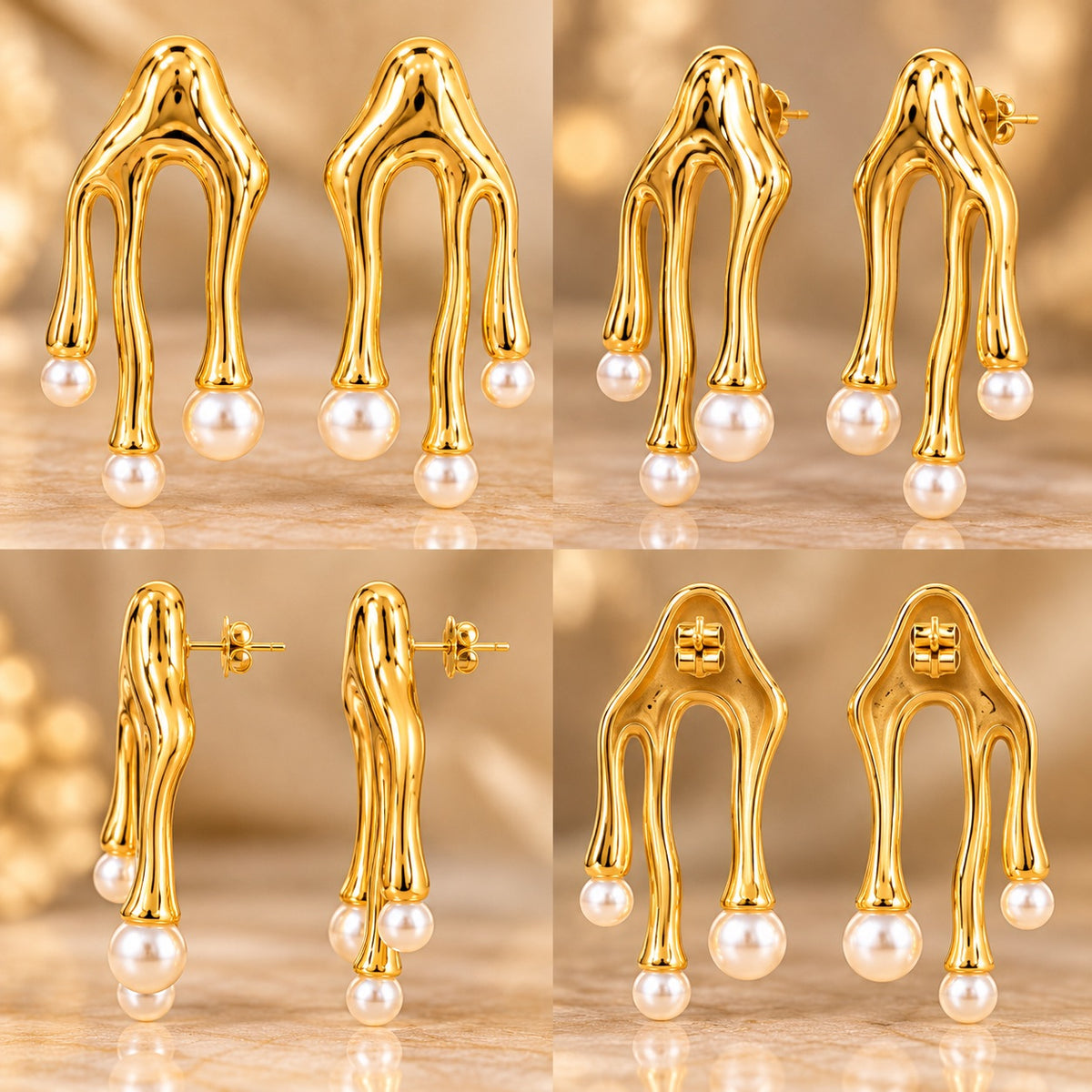Lavaya Luxury Gold-Tone Pearl Embellished Abstract Drip Drop Earrings for Women