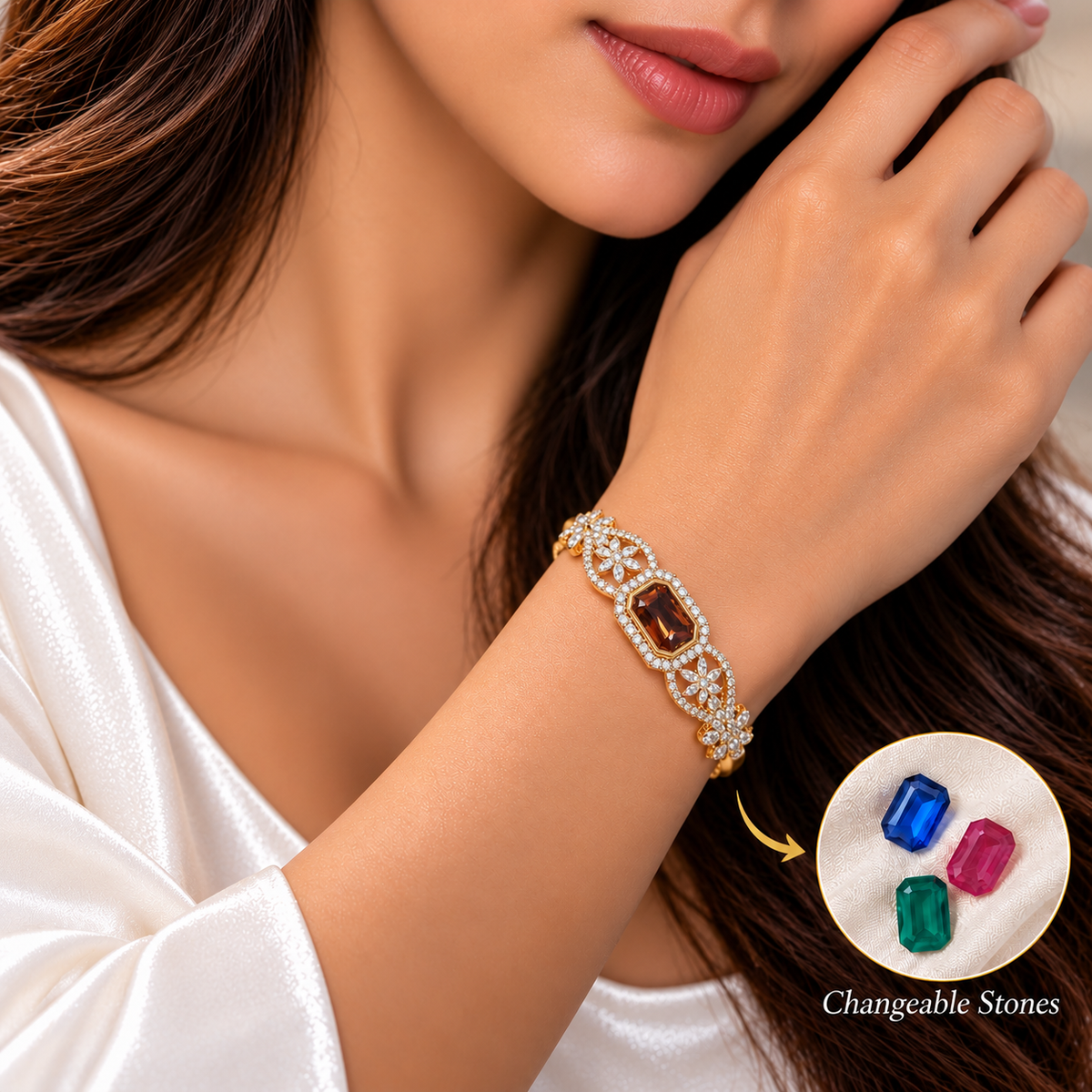 Luxury Gold-Plated Floral Bracelet with Changeable Gemstones