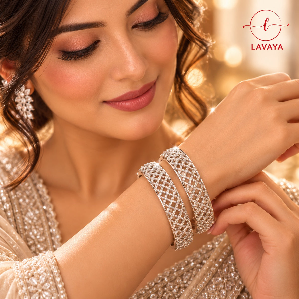 Lavaya Royal Silver-Tone Crystal Mesh Kada Bangles – Luxury Diamond-Look Lattice Designer Bangles Set of 2