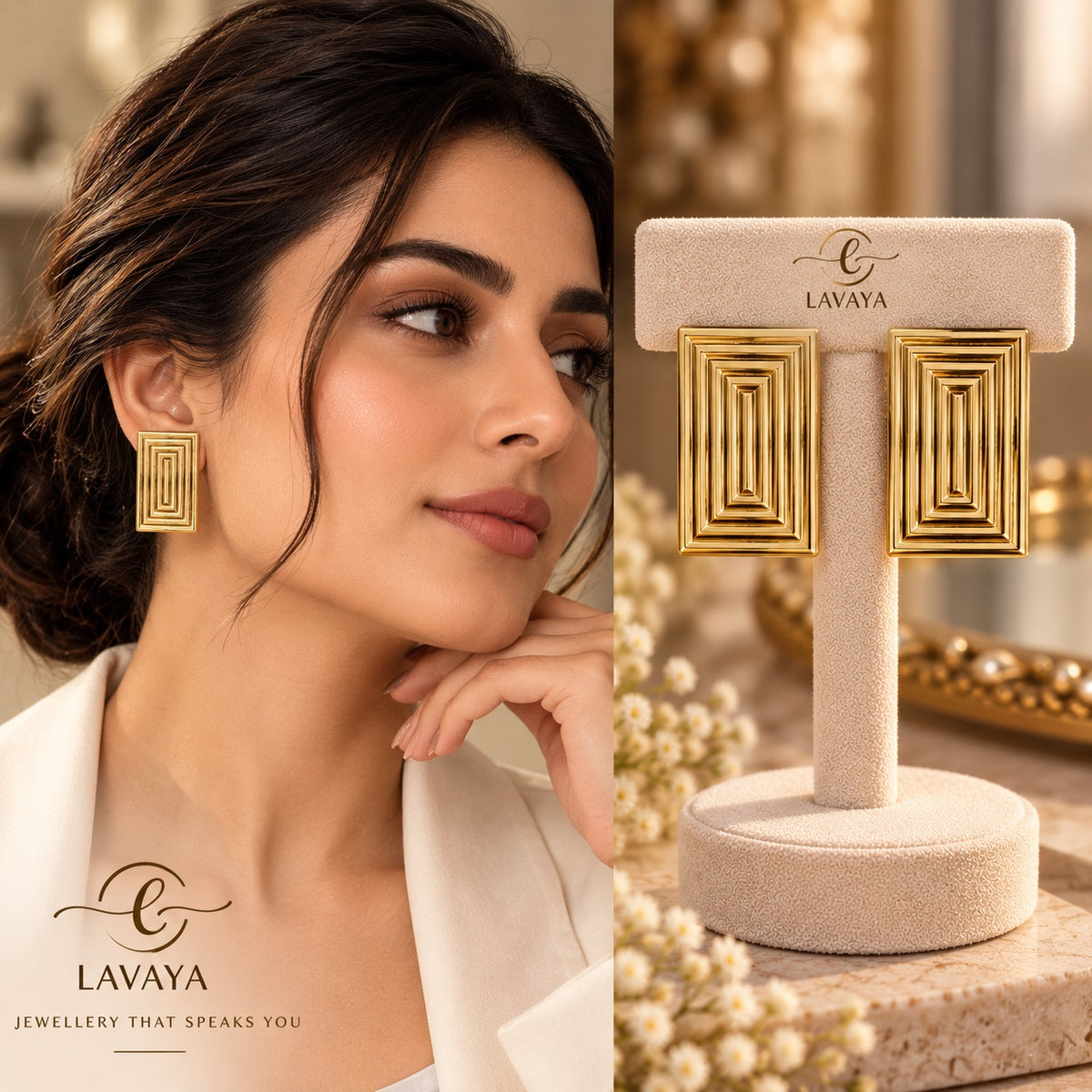 Lavaya Art Deco Stepped Geometric Rectangular Gold Statement Stud Earrings