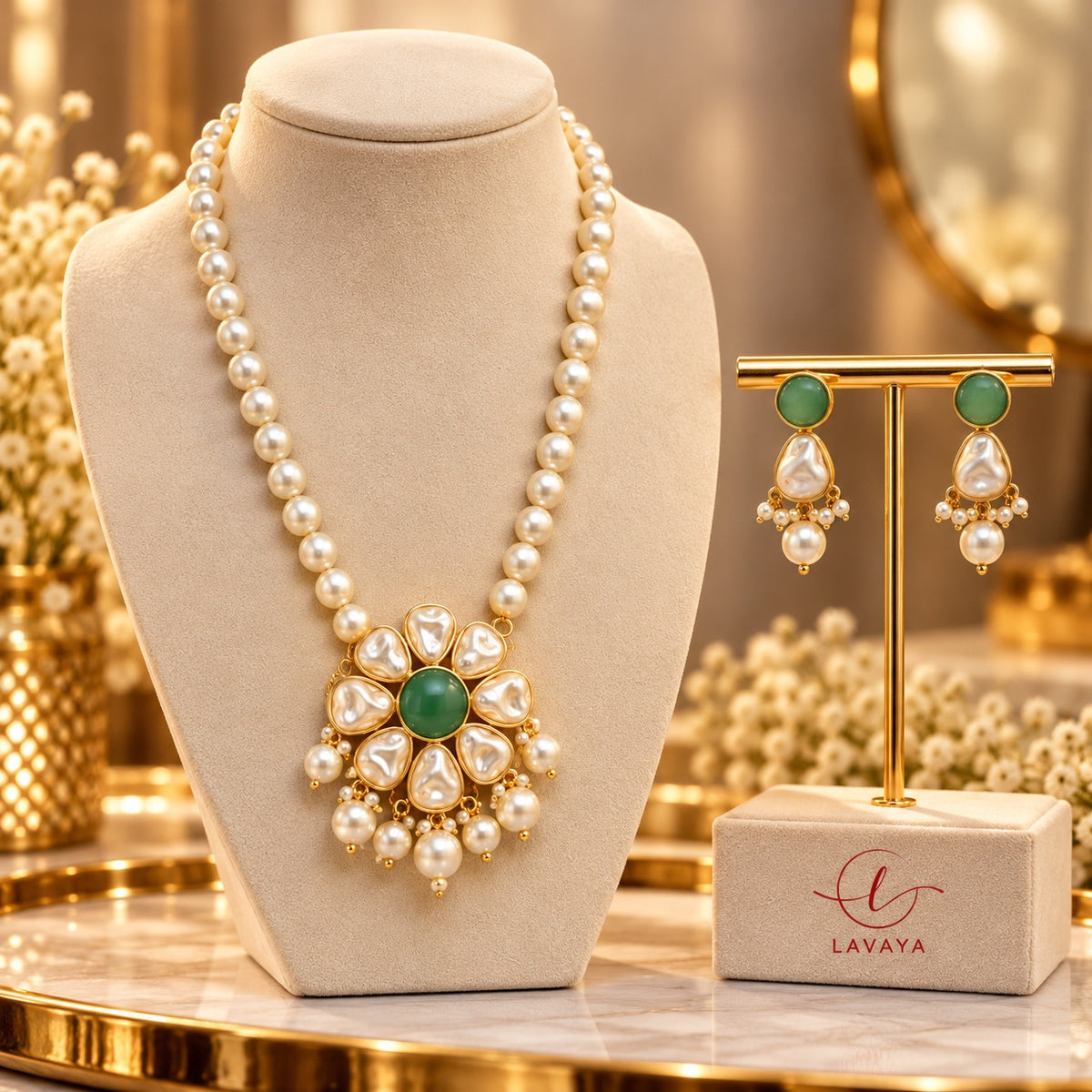 Lavaya Pearl & Pink Stone Gold-Plated Necklace and Earrings Set