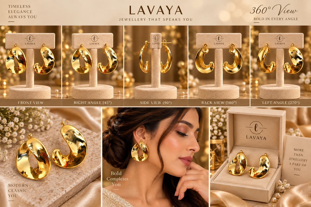 Lavaya Gold Statement Stud Earrings – Bold Geometric Earrings for Women