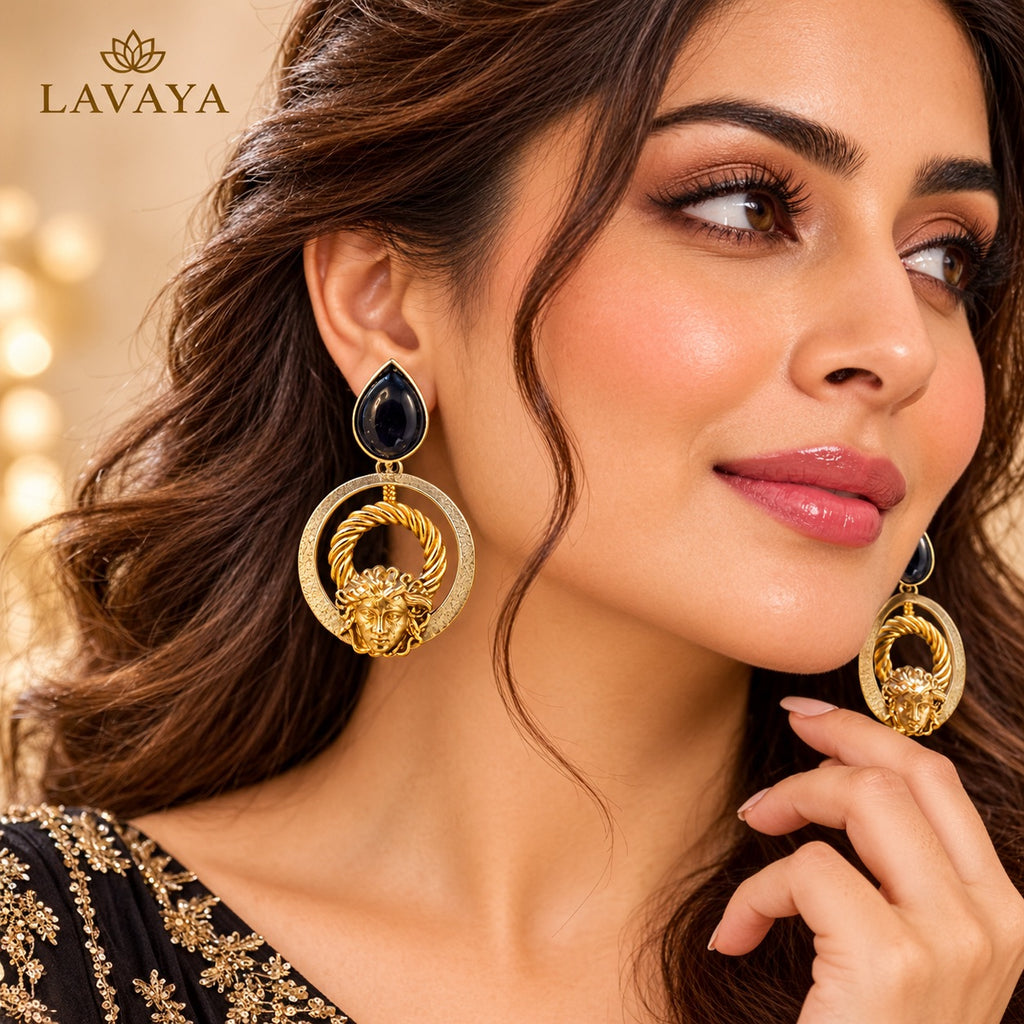 Lavaya Royal Black Onyx & Antique Gold Medusa-Inspired Statement Hoop Earrings