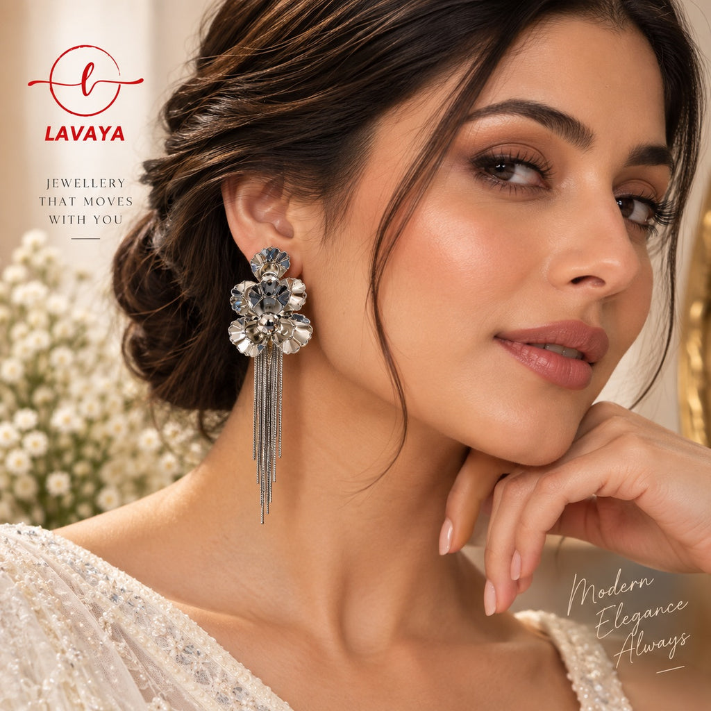 Sculpted Floral Mirror-Petal Statement Chandelier Earrings with Shimmering Chain Fringe