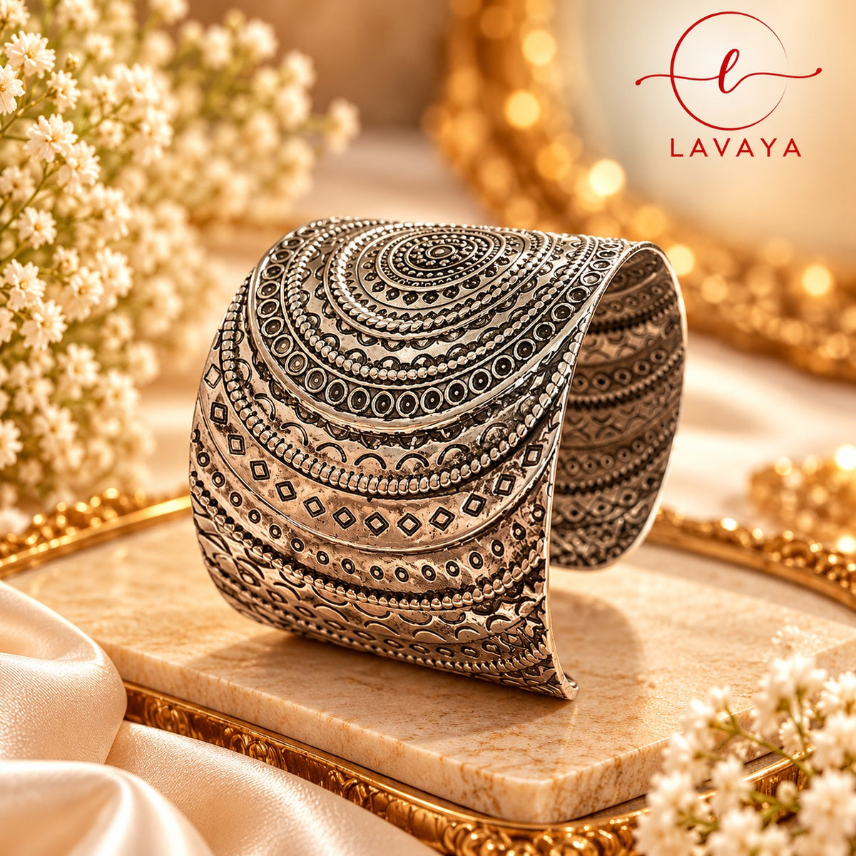 Lavaya Royal Mandala Oxidised Silver Wide Cuff Kada Bracelet – Traditional Tribal Engraved Statement Jewellery