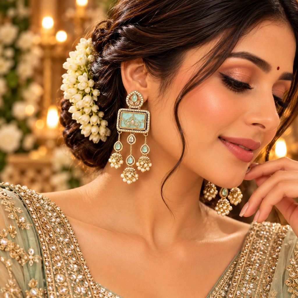 Lavaya Royal Mint Green Meenakari Earrings with Kundan Detailing & Pearl Jhumka Drops