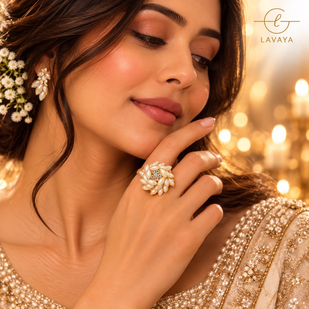Lavaya Royal Ivory Pearl Floral Statement Ring with Sparkling Crystal Center & Gold-Tone Finish