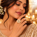 Lavaya Royal Ivory Pearl Floral Statement Ring with Sparkling Crystal Center & Gold-Tone Finish