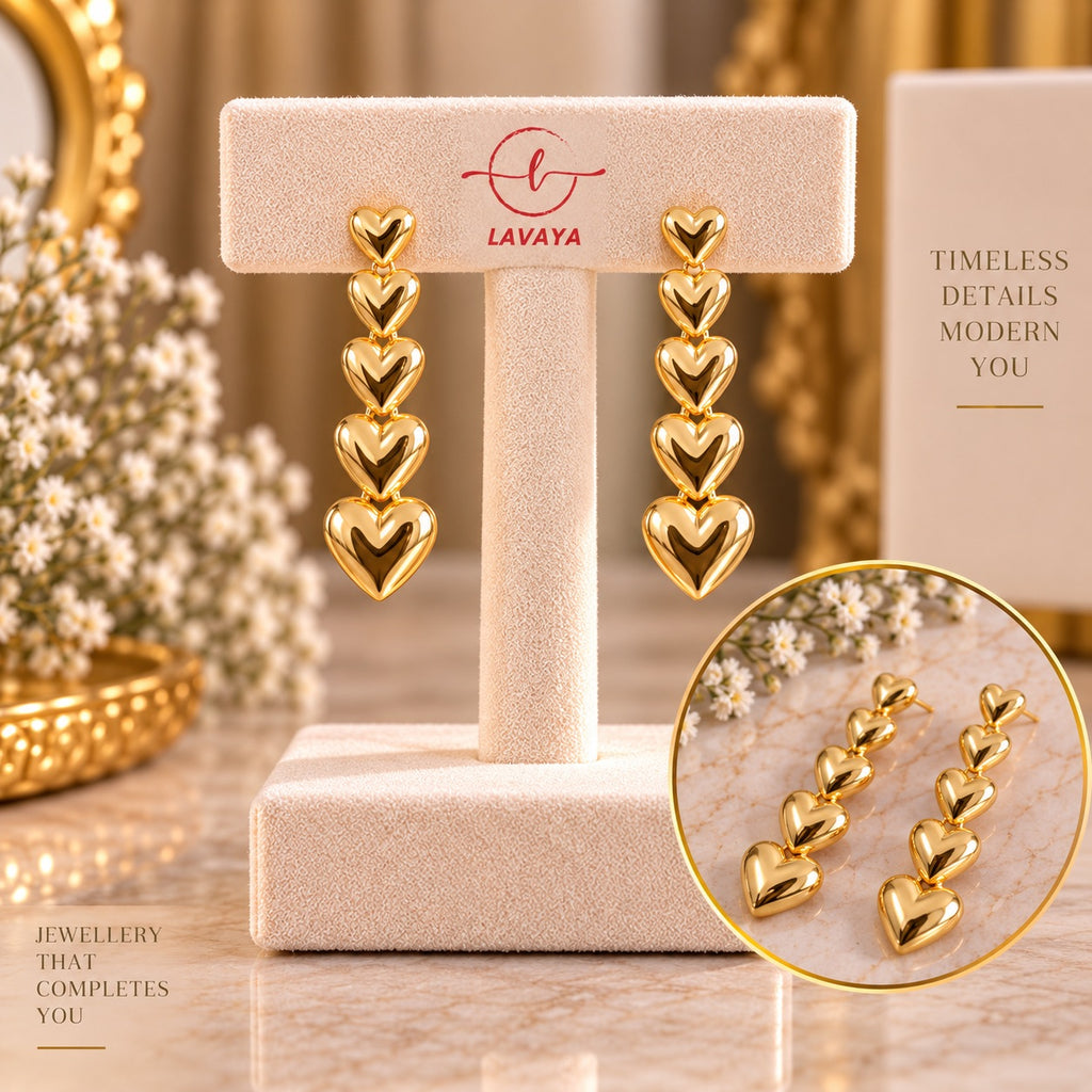 Lavaya Cascading Puffy Heart Tiered Gold Statement Drop Earrings