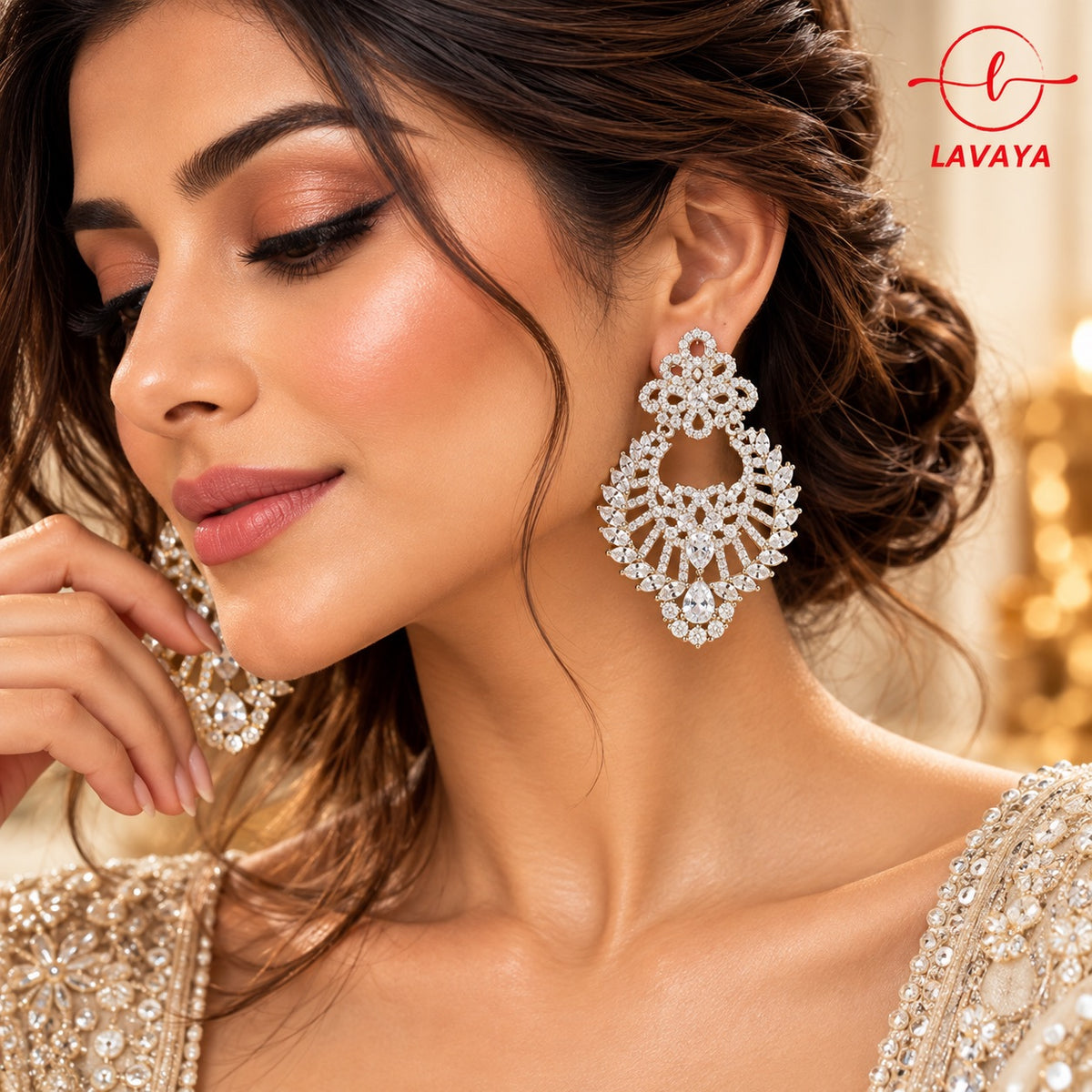 Lavaya Luxury Silver-Tone Crystal Chandelier Earrings for Women – Premium Floral Designer Statement Earrings for Wedding & Party Wear