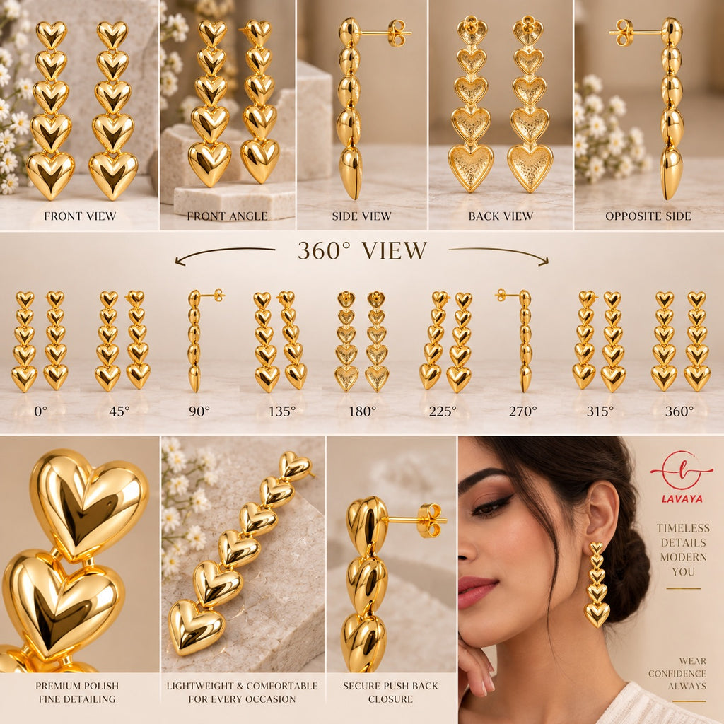 Lavaya Cascading Puffy Heart Tiered Gold Statement Drop Earrings