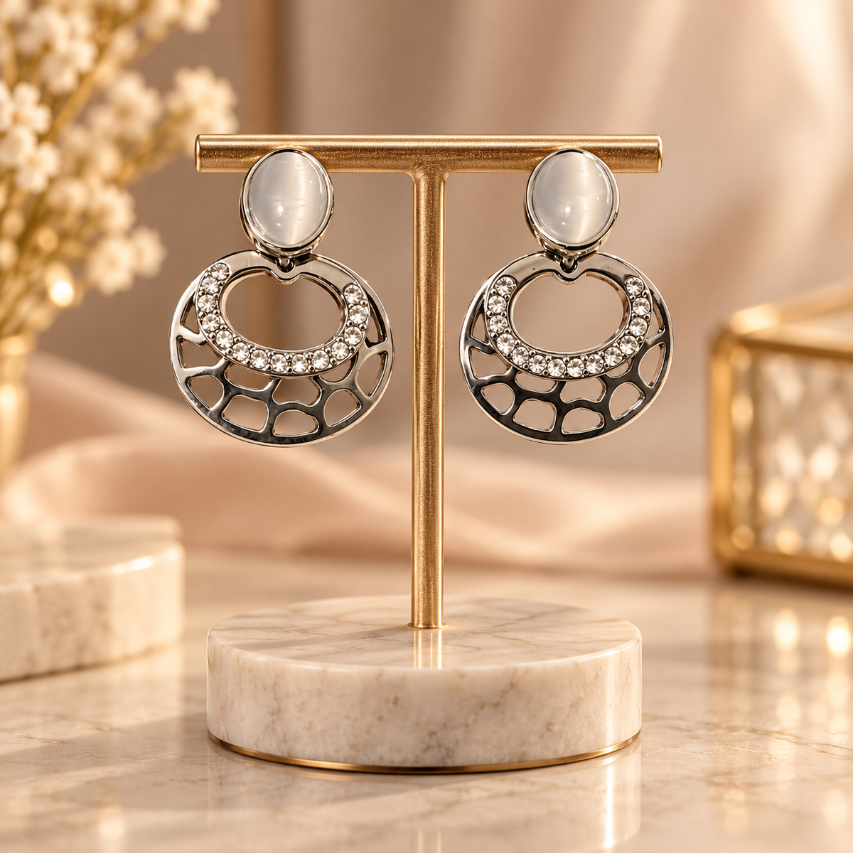 Silver Cat's Eye Cabochon & Cut-Out Crystal Drop Earrings