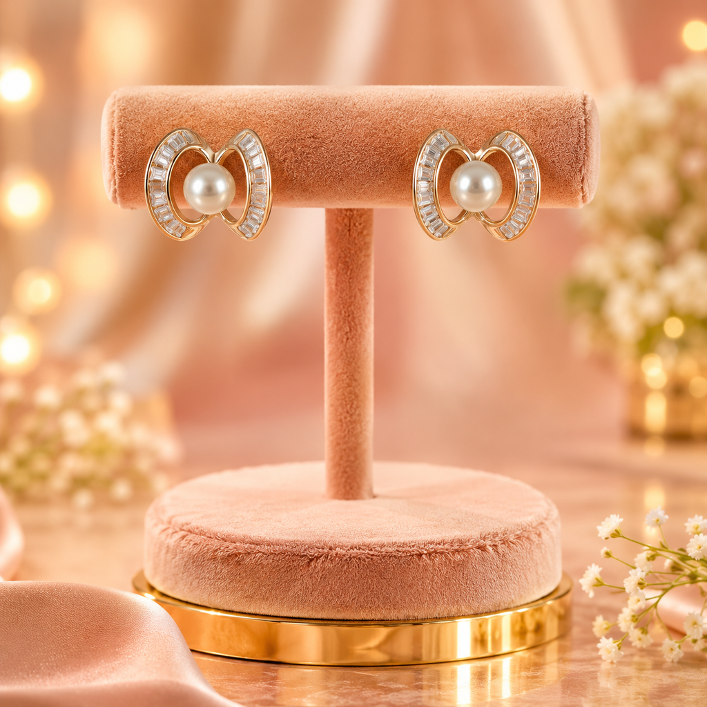 Baguette Crystal Crescent & Pearl Stud Earrings