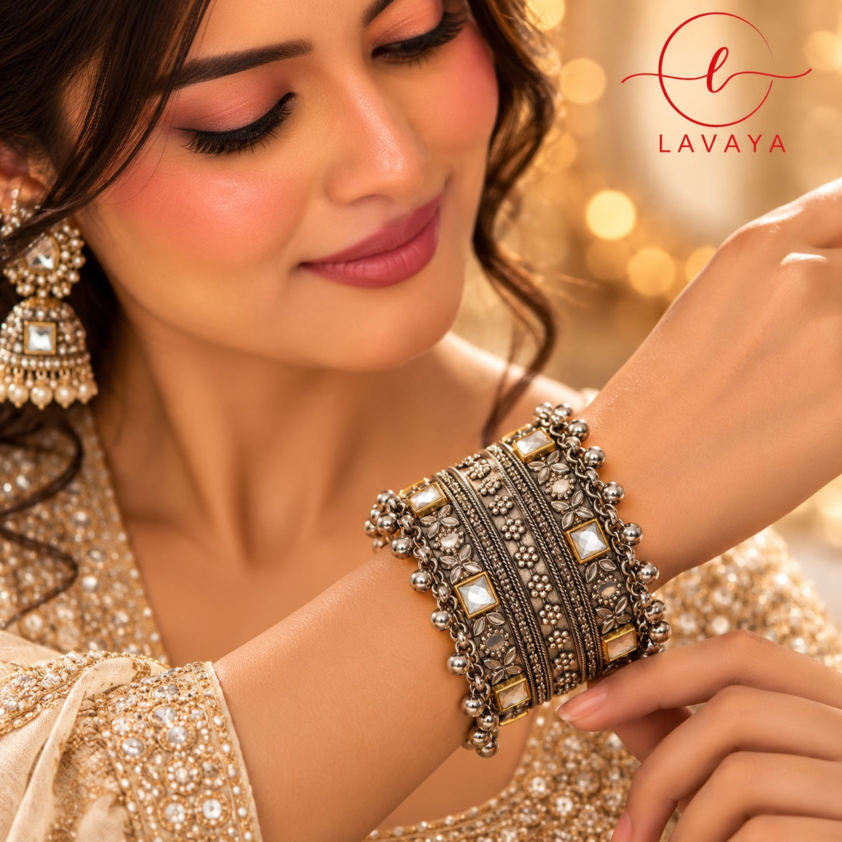 Lavaya Royal Heritage Oxidised Silver Kundan Ghungroo Kada Bangles – Traditional Floral Designer Statement Bangles
