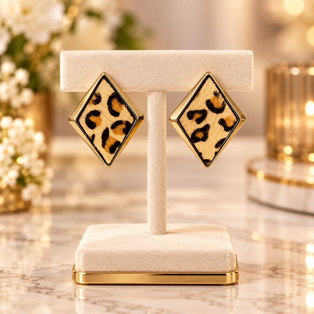 Leopard Print Geometric Diamond Stud Earrings