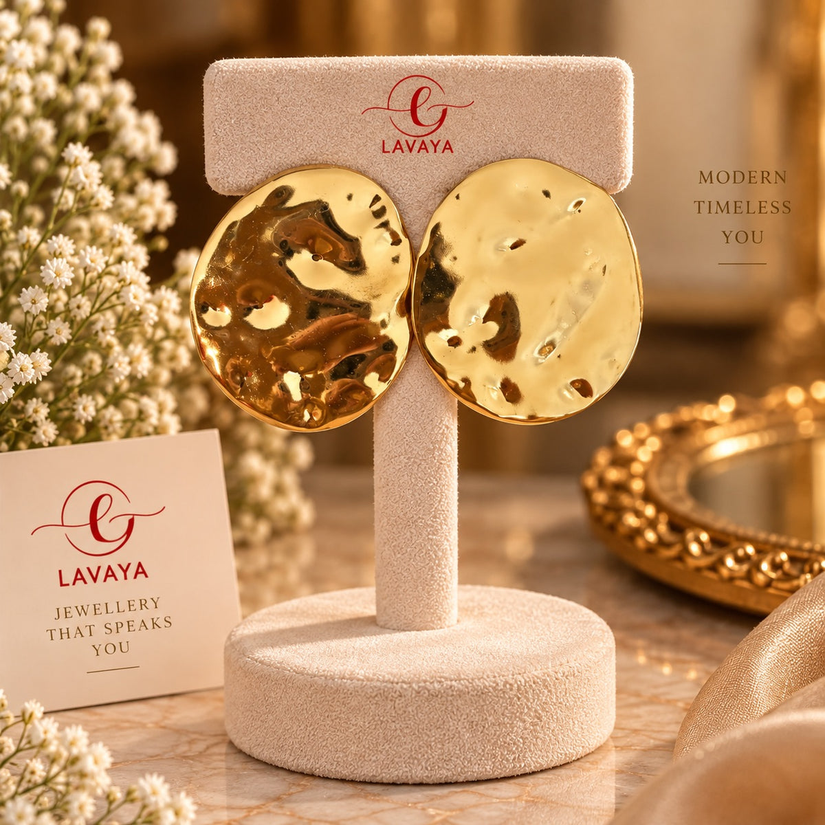 Lavaya Oversized Hammered Gold Organic Disc Statement Stud Earrings