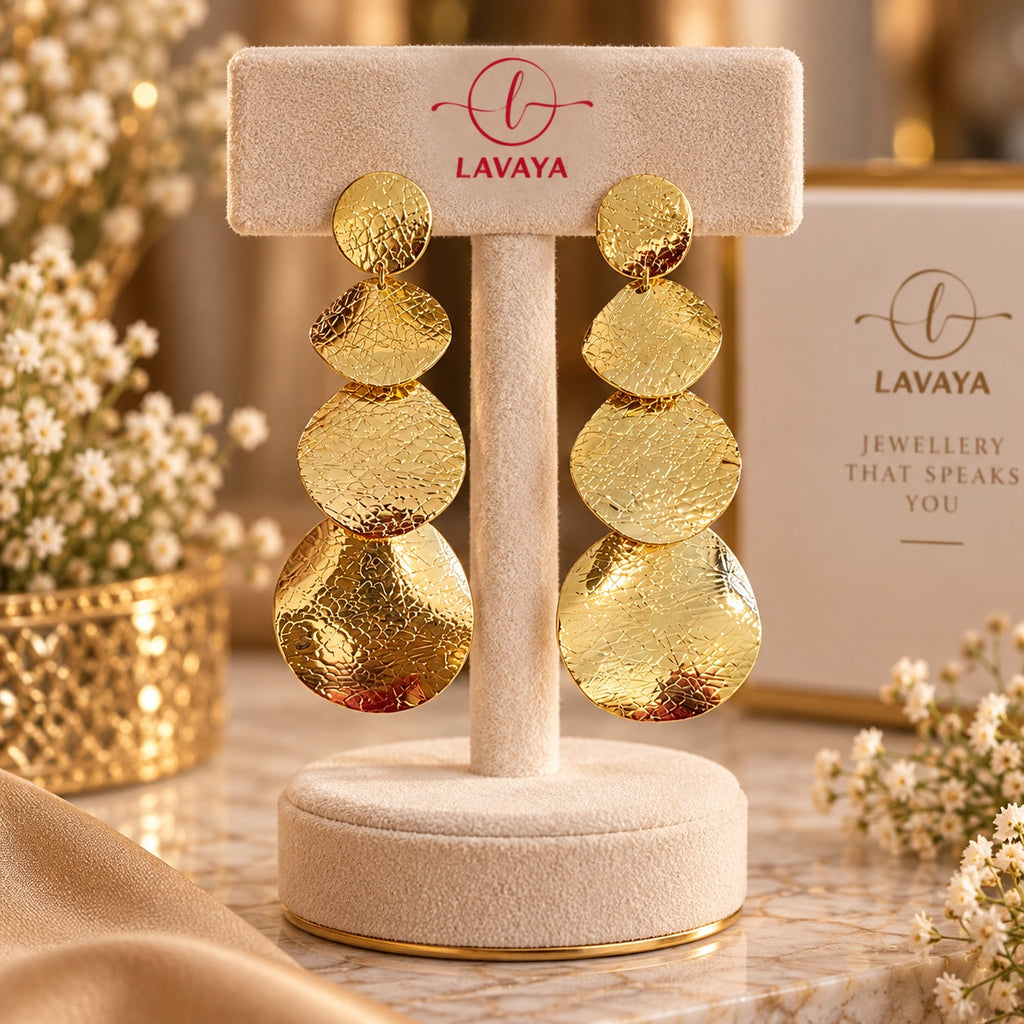 Four-Tier Interlinked Hammered Metal Disc Shoulder Duster Earrings for Festive & Evening Wear