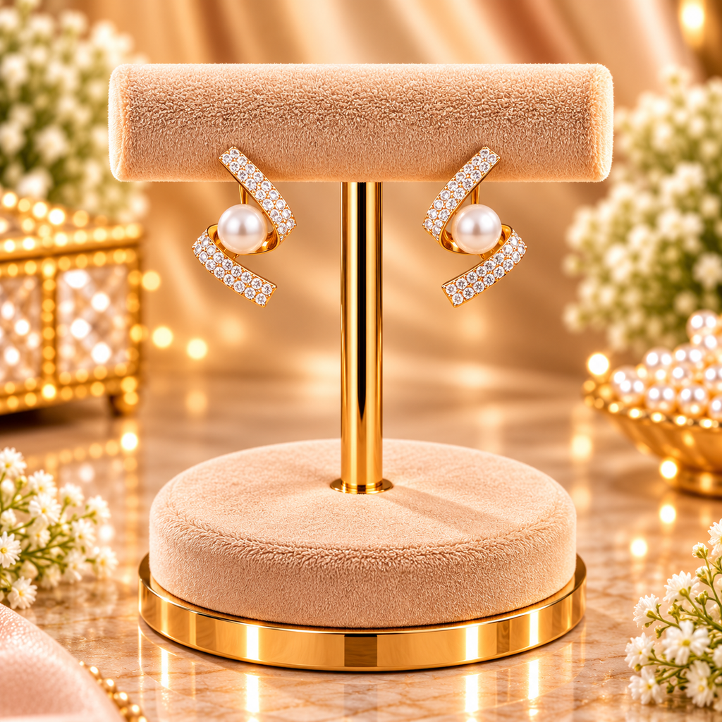 Geometric Pavé Ribbon & Pearl Stud Earrings