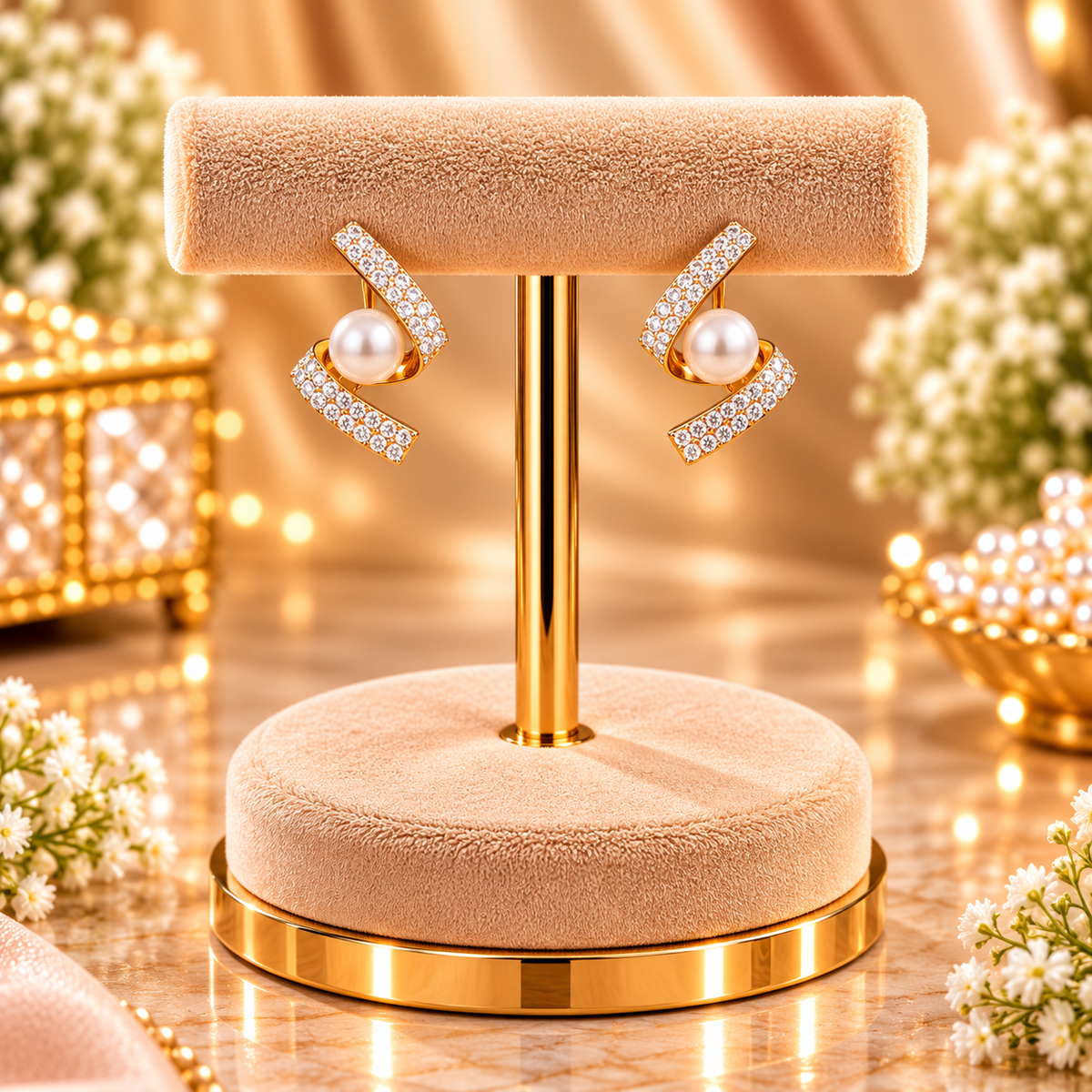 Geometric Pavé Ribbon & Pearl Stud Earrings