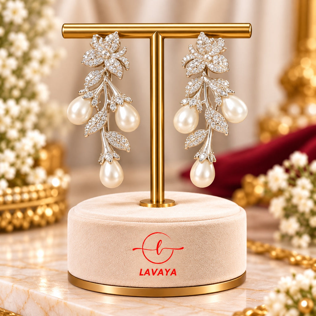 Lavaya Luxury Pearl Floral Crystal Drop Earrings for Women – Elegant Designer Statement Earrings for Wedding & Party Wear