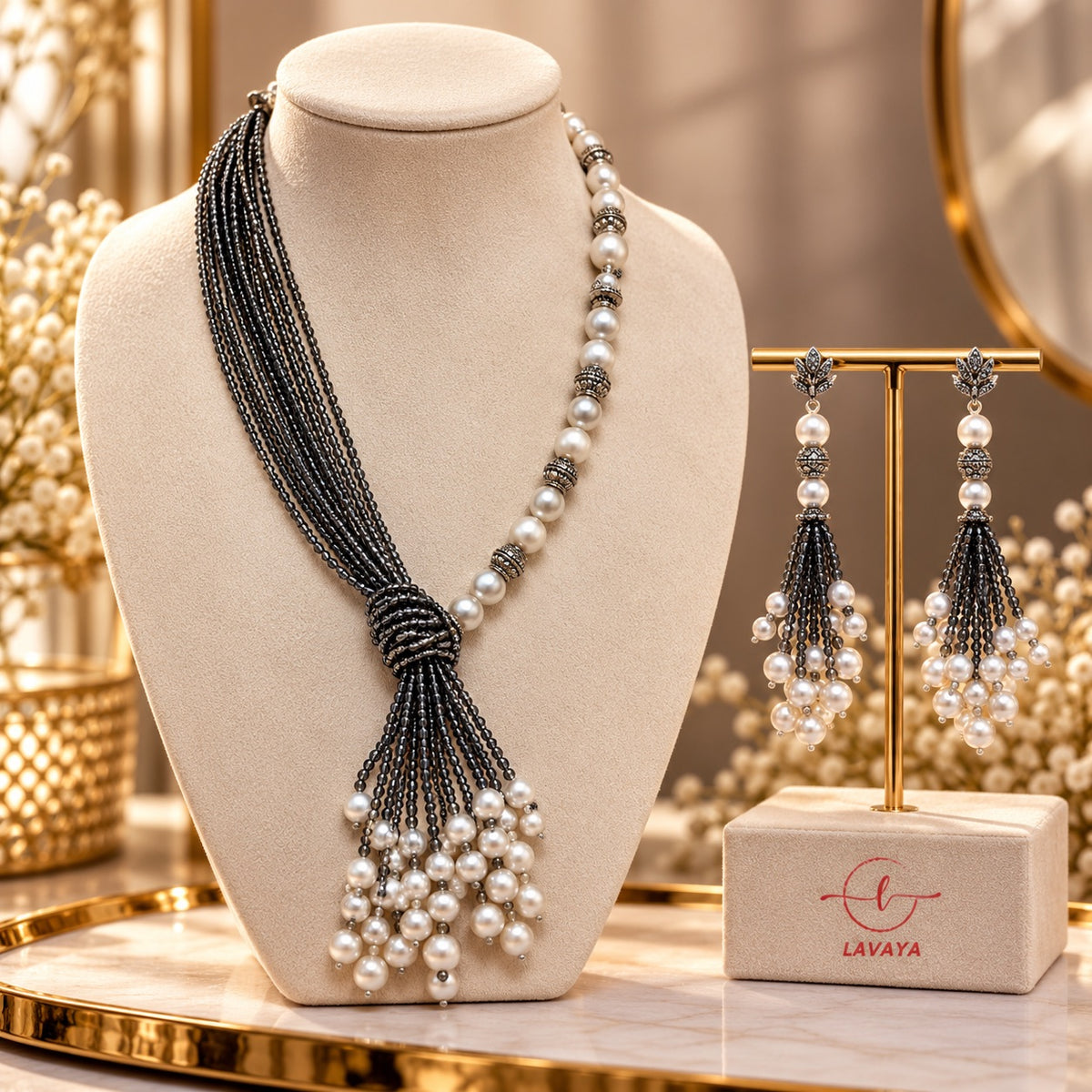 Lavaya Elegant Black Beaded & Ivory Pearl Tassel Necklace with Matching Long Drop Earrings Jewellery Set