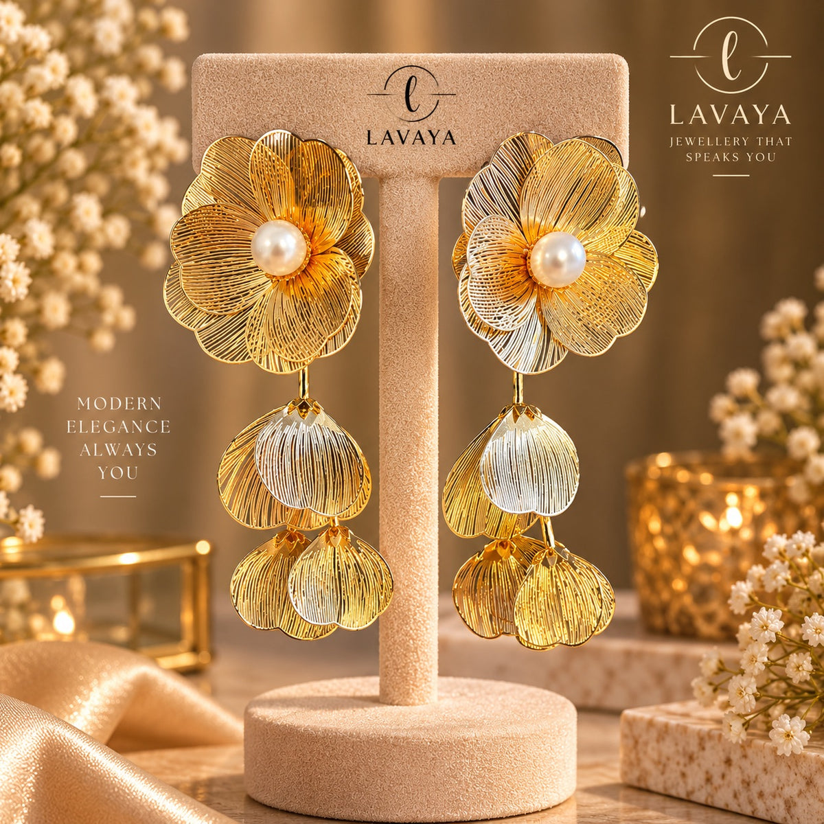 Sculptural Fine-Ribbed Golden Blossom & Pearl Drop Earrings for Festive & Bridal Wear