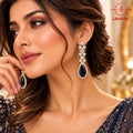 Lavaya Luxury Midnight Blue Teardrop Crystal Earrings for Women – Premium Gold-Tone Floral Designer Long Drop Wedding & Party Wear Jewellery