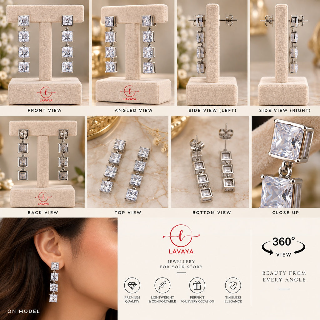 Silver-Toned Geometric Cubic Zirconia Drop Earrings for Evening & Bridal Wear