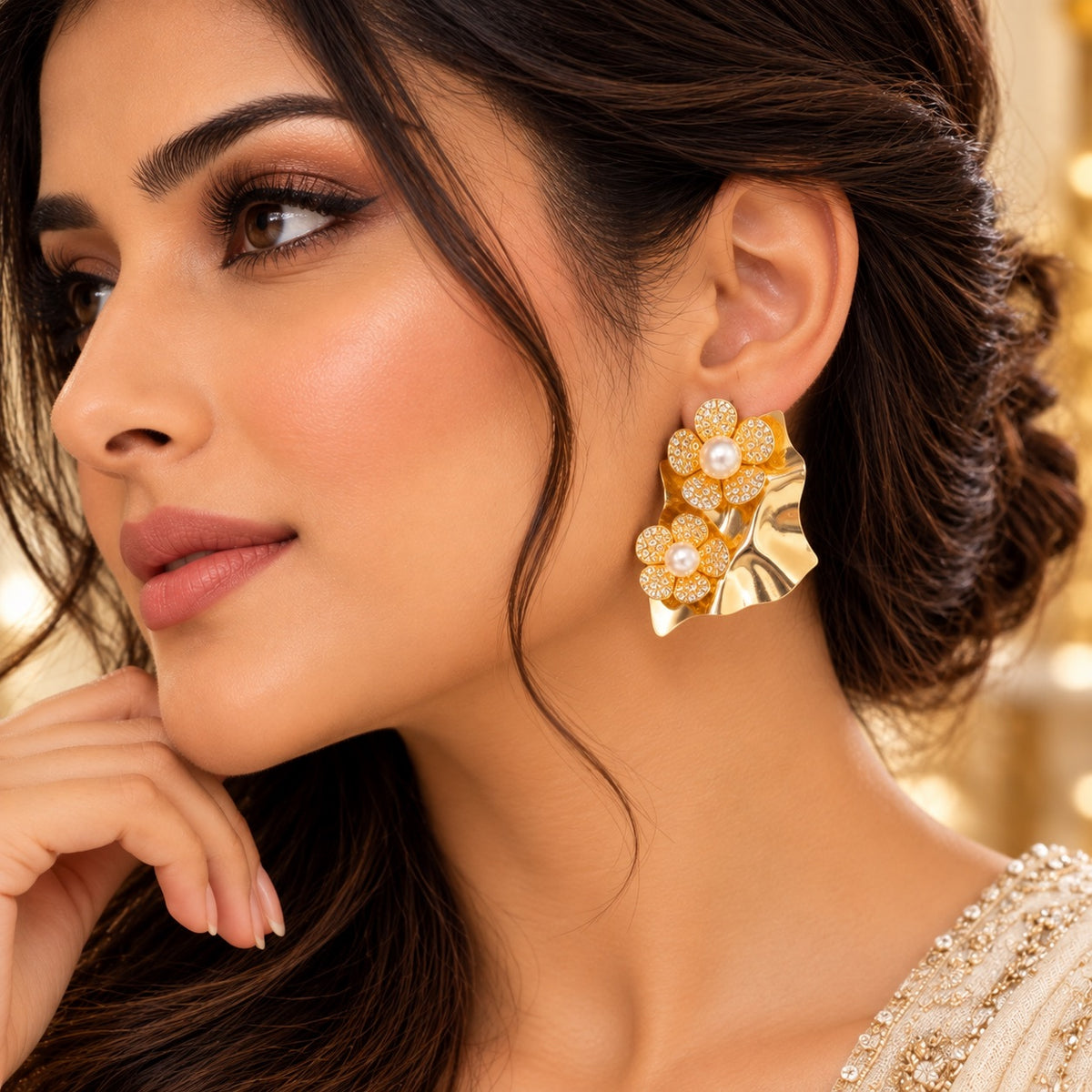 Lavaya Premium Gold-Tone Pearl Floral Statement Earrings for Women – Elegant Double Flower Design with Sparkling Stone Detailing & Sculptural Wavy Finish. NO PRICE