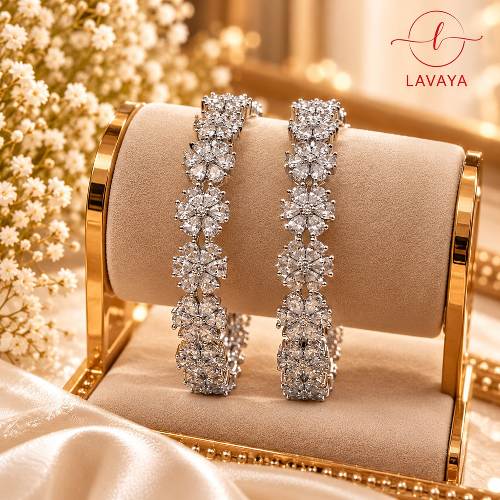 Lavaya Royal Silver-Tone Crystal Floral Kada Bangles – Elegant White Stone Statement Bangles Set of 2