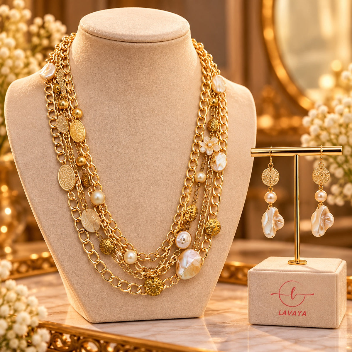 Lavaya Royal Golden Multi-Layer Pearl & Coin Charm Statement Necklace with Matching Pearl Drop Earrings Jewellery Set