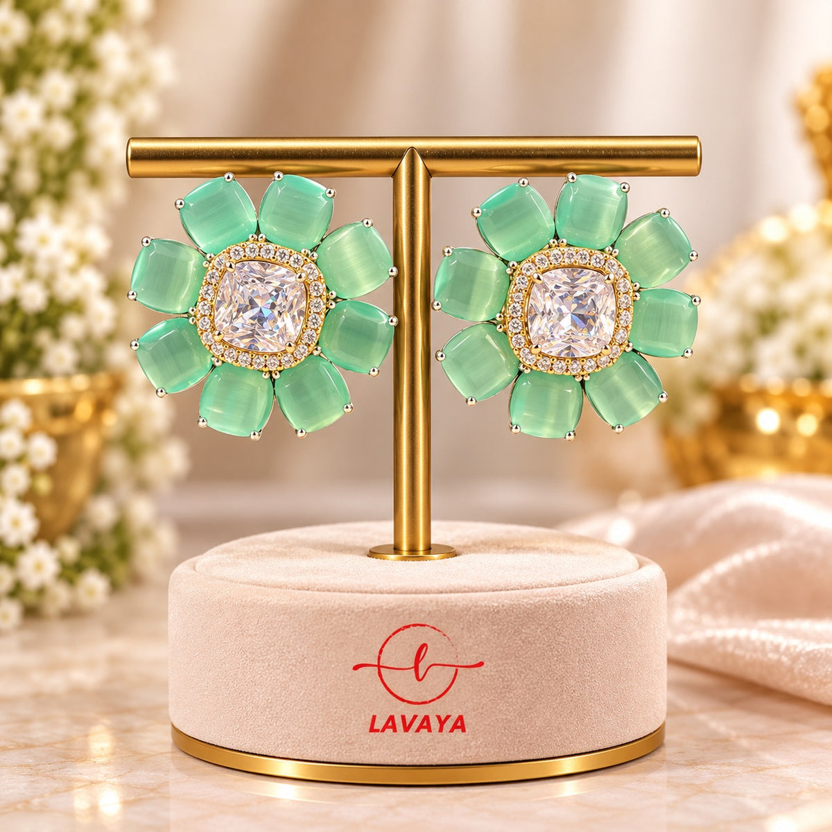 Lavaya Luxury Mint Green Floral Crystal Stud Earrings for Women – Premium Gold-Tone Designer Flower Statement Wedding & Party Wear Jewellery