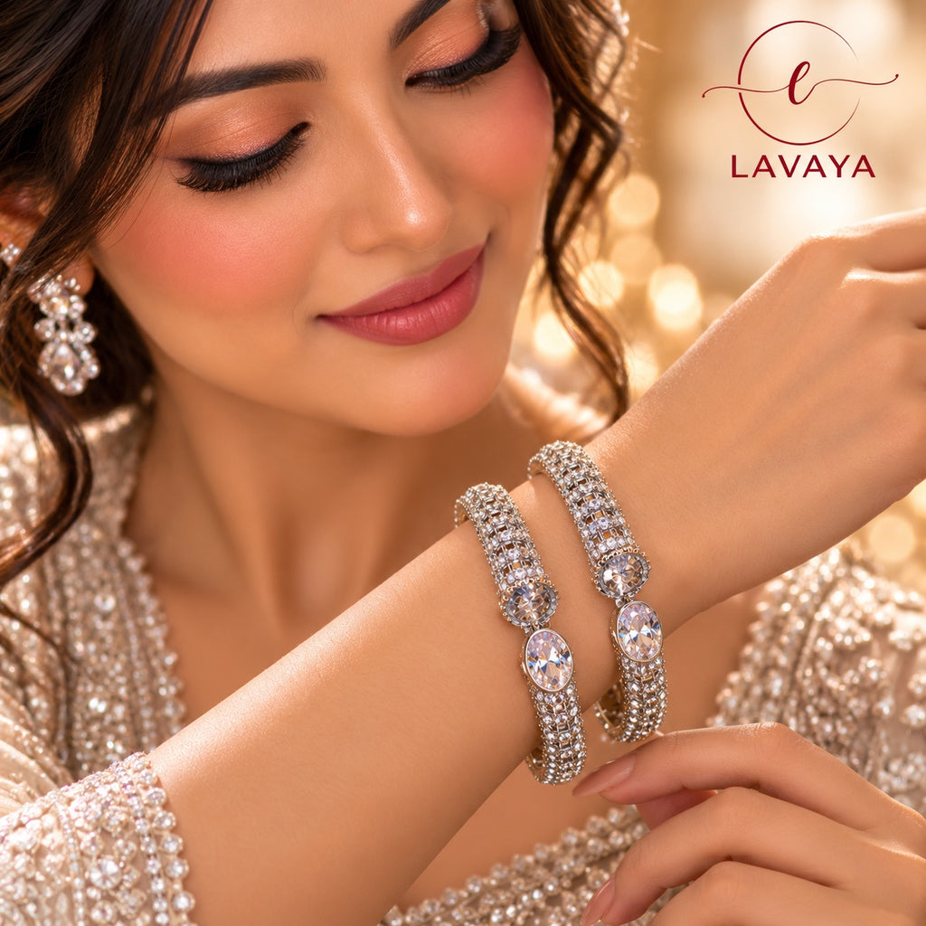 Lavaya Royal Silver-Tone Oval Crystal Kada Bangles – Luxury Diamond-Look Designer Statement Bangles Set of 2