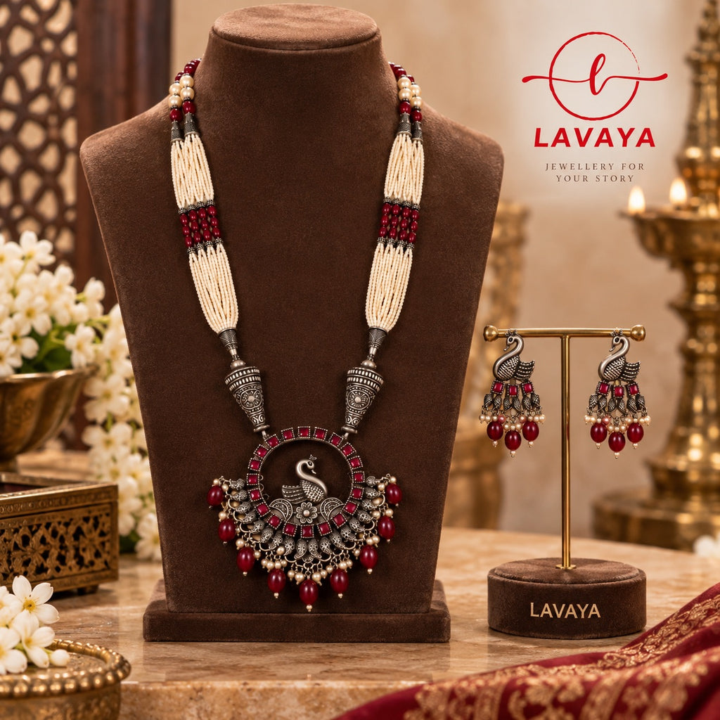 Traditional Antique Oxidized Pearl Mala Long Necklace with Maroon Stones, Peacock Pendant & Matching Earrings for Women