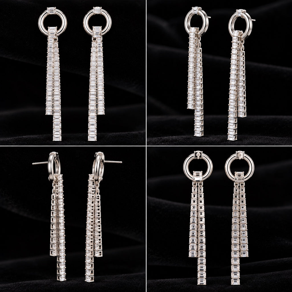 Lavaya Luxury Silver-Tone Crystal Embellished Long Tassel Drop Earrings for Women