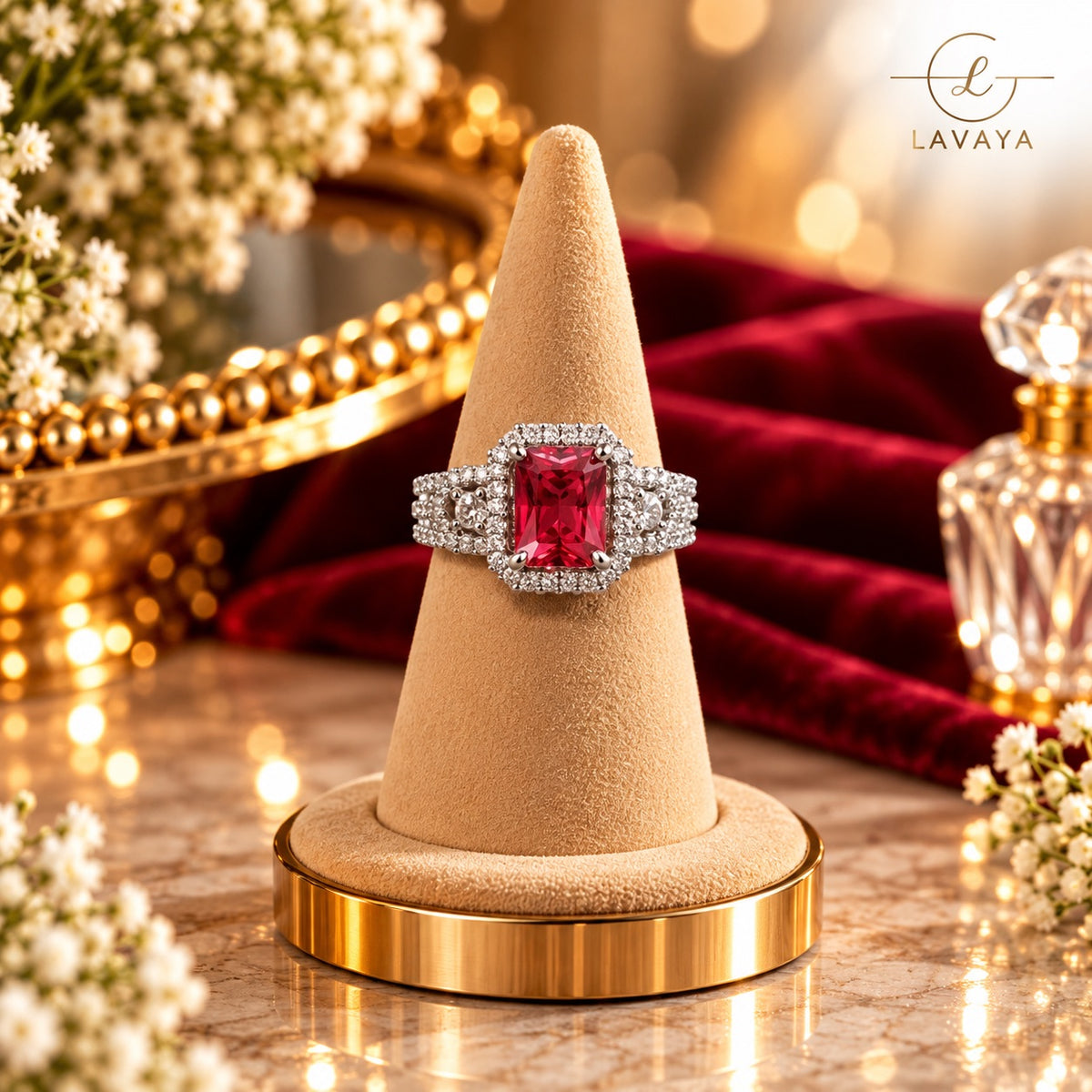 Lavaya Royal Ruby Red Emerald-Cut Crystal Statement Ring with Sparkling Diamond-Inspired Halo & Silver-Tone Finish