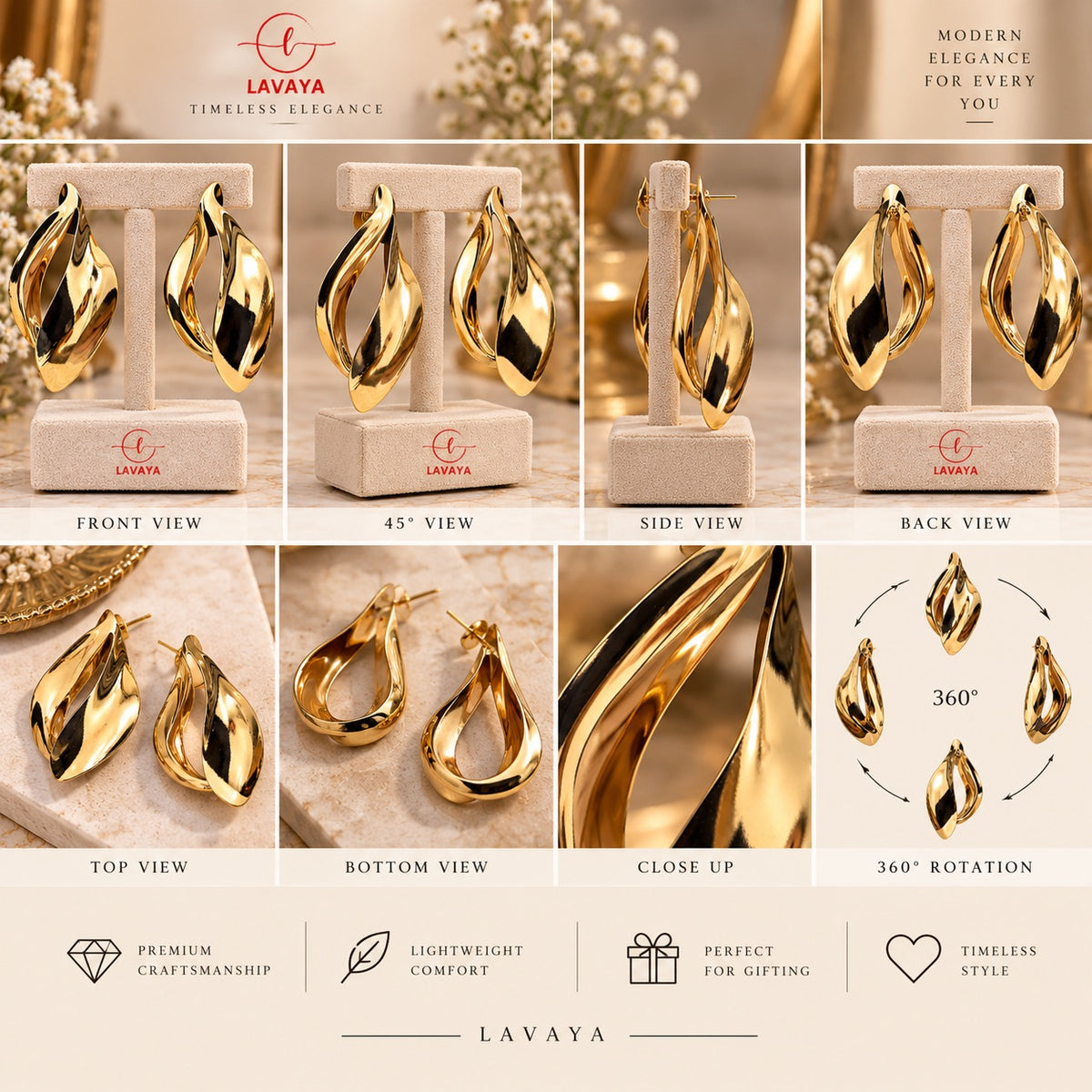 Lavaya Golden Luxe Sculpted Teardrop Hoop Earrings for Women | Elegant Twisted Wave Statement Earrings | Premium Gold-Tone Fashion Jewellery