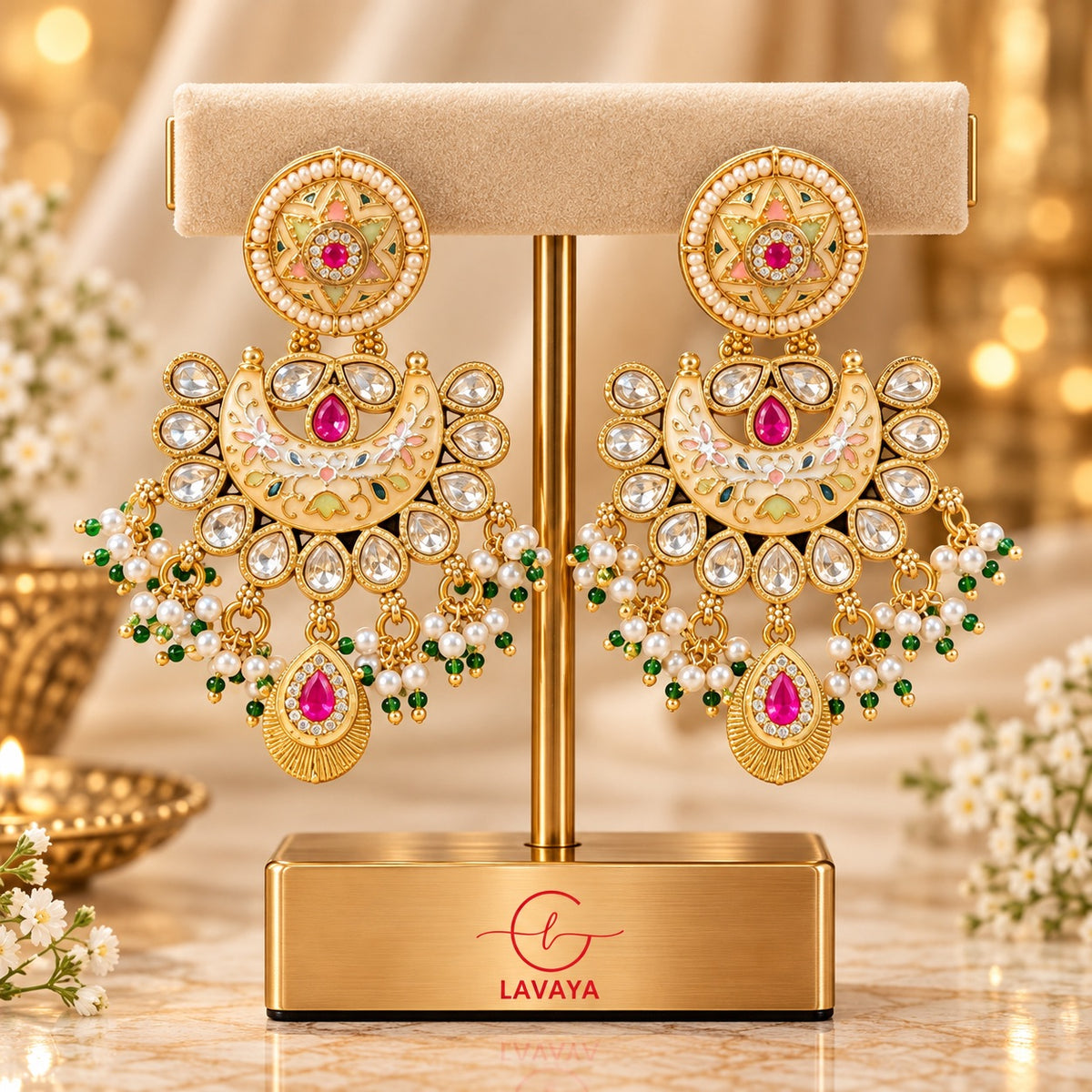 Lavaya Royal Meenakari Kundan Chandbali Earrings with Pearl & Ruby Pink Drops