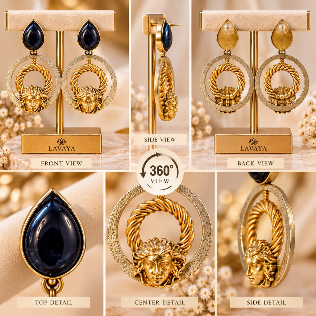 Lavaya Royal Black Onyx & Antique Gold Medusa-Inspired Statement Hoop Earrings