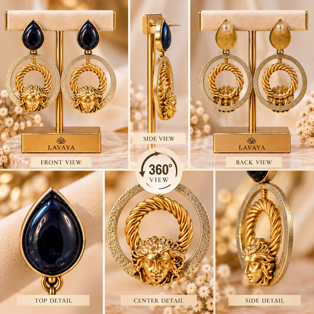 Lavaya Royal Black Onyx & Antique Gold Medusa-Inspired Statement Hoop Earrings